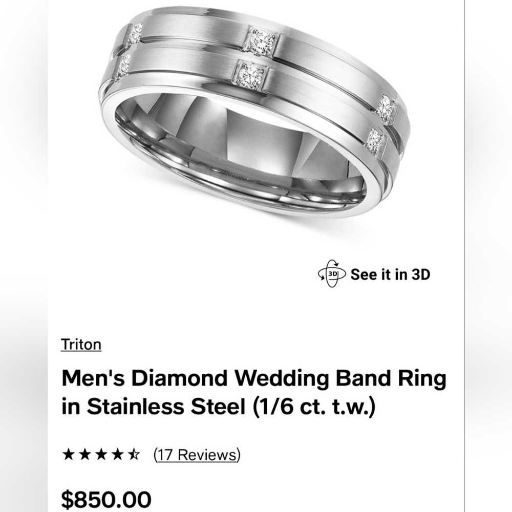 Triton Men's Diamond Wedding Band Ring Stainless Steel Us Size 7-7.5 1/6 Ct.T.W.